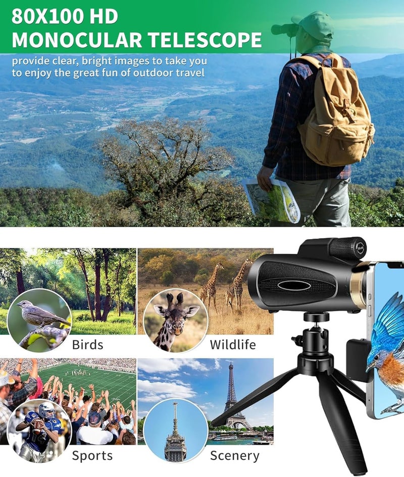 KTBDING Monocular Telescope 80x100 HD Monoculars for Adults with Tripod & Phone Adapter, Monoculars for Bird Watching Stargazing Camping Hiking Hunting Wildlife Travel-Black - Image 5
